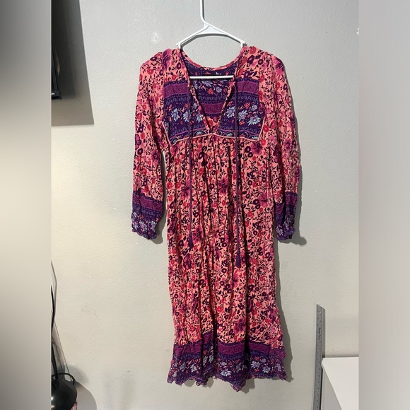 sipin woman Dresses & Skirts - Flowy Floral Print Bohemian Midi Dress with‎ V-Neck and Tassel Size Small